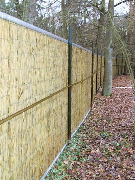 Fence in a park made of reed panels. 